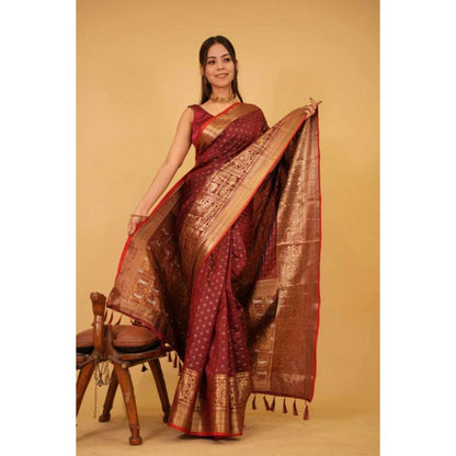 Isadora Life Womens Woven Zari Red Pre-Draped Saree with Unstitched Blouse