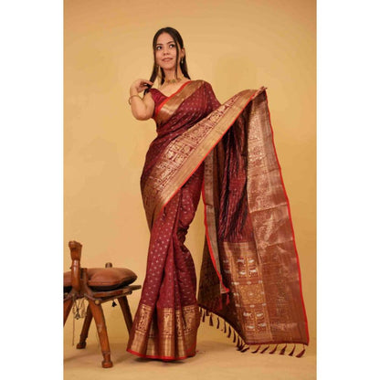 Isadora Life Womens Woven Zari Red Pre-Draped Saree with Unstitched Blouse