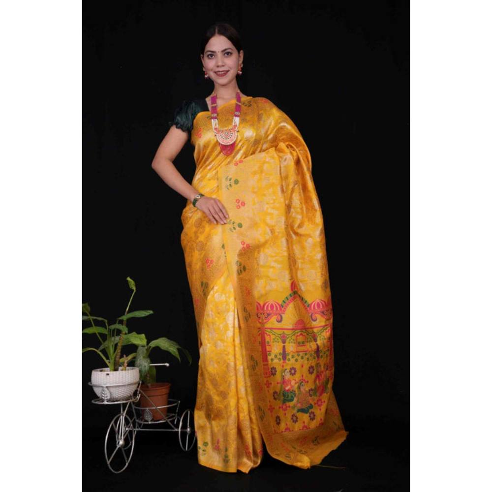 Isadora Life Womens Woven Zari Yellow Pre-Draped Saree with Unstitched Blouse