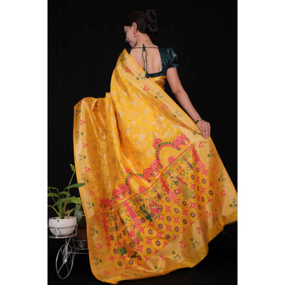 Isadora Life Womens Woven Zari Yellow Pre-Draped Saree with Unstitched Blouse