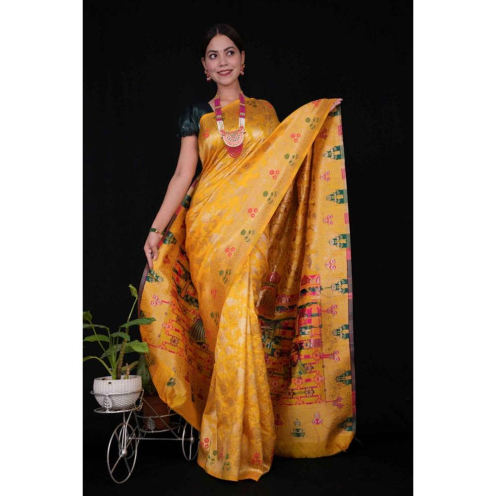 Isadora Life Womens Woven Zari Yellow Pre-Draped Saree with Unstitched Blouse
