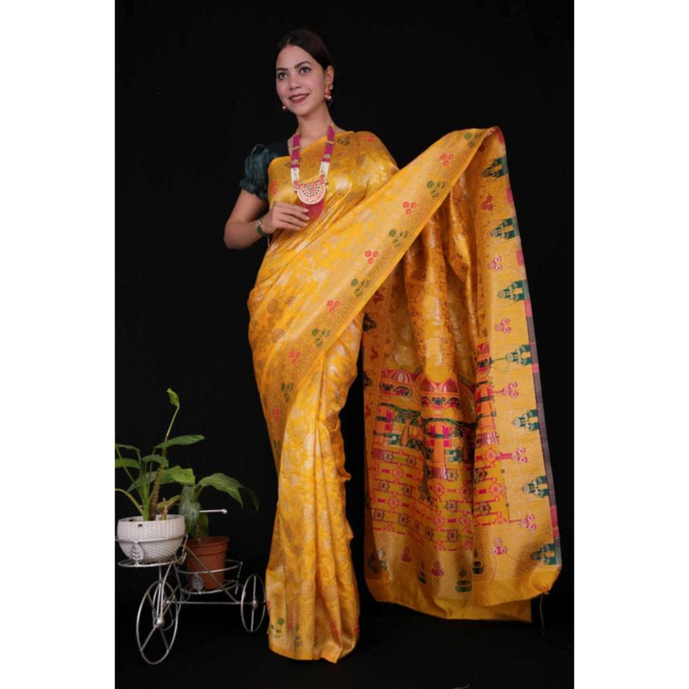 Isadora Life Womens Woven Zari Yellow Pre-Draped Saree with Unstitched Blouse