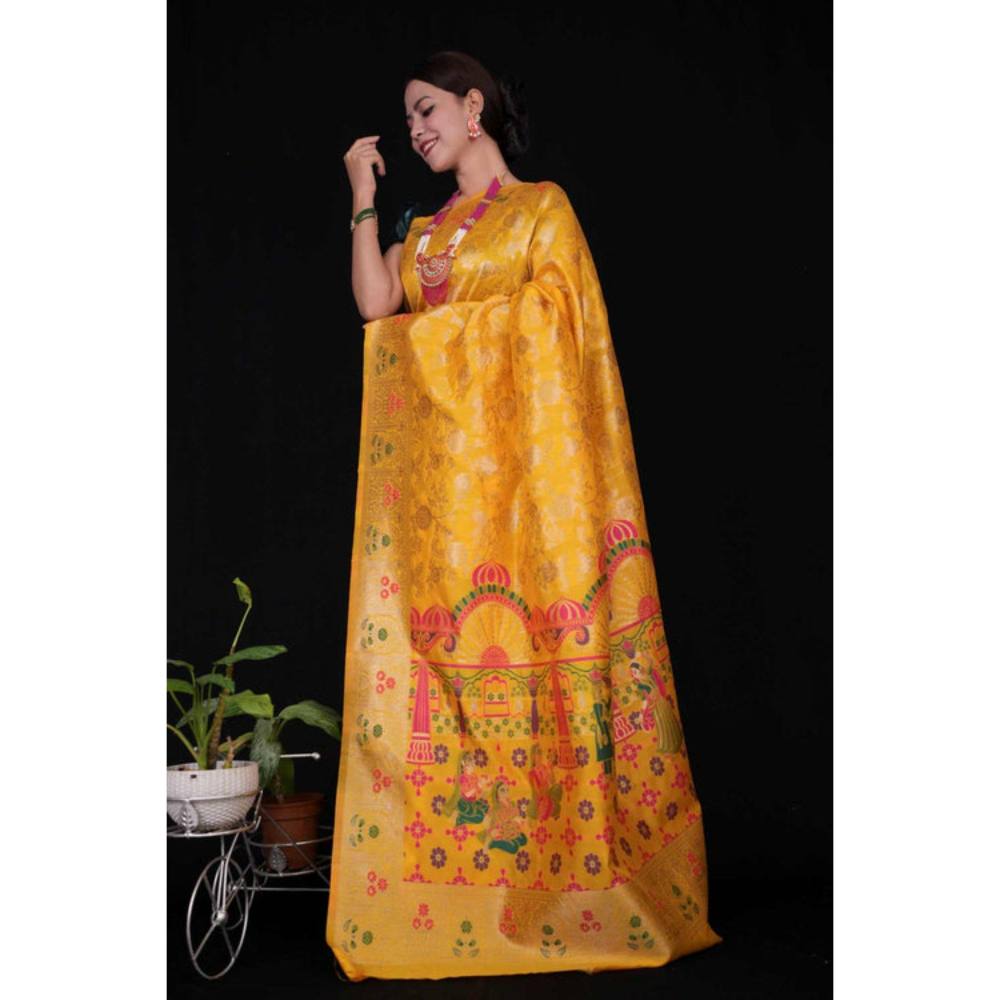 Isadora Life Womens Woven Zari Yellow Pre-Draped Saree with Unstitched Blouse