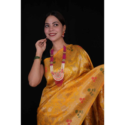 Isadora Life Womens Woven Zari Yellow Pre-Draped Saree with Unstitched Blouse