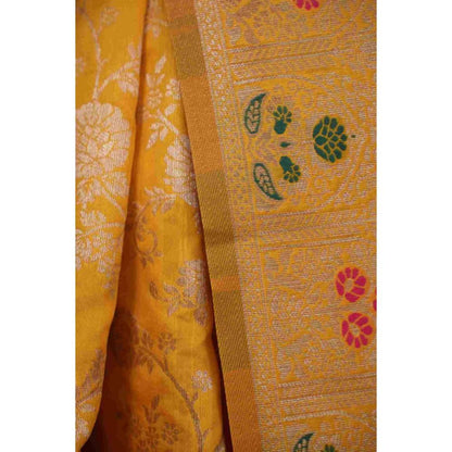 Isadora Life Womens Woven Zari Yellow Pre-Draped Saree with Unstitched Blouse