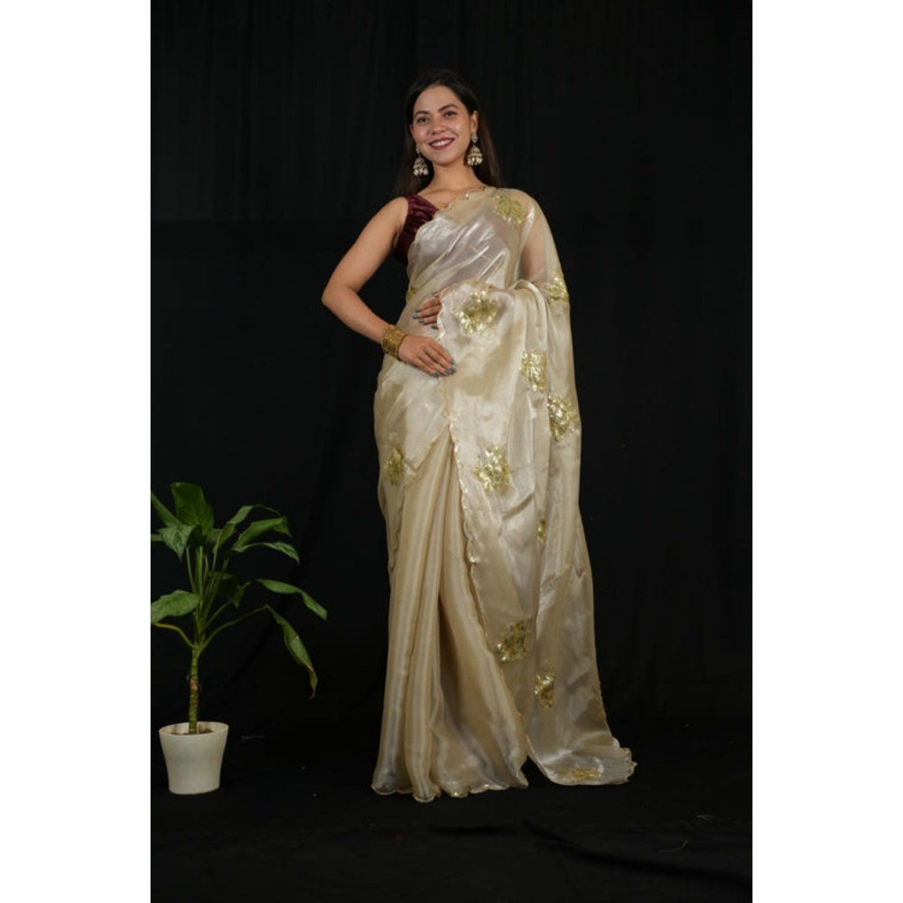Isadora Life Womens Sequined Ivory Pre-Draped Saree with Unstitched Blouse