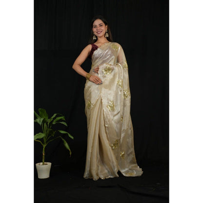 Isadora Life Womens Sequined Ivory Pre-Draped Saree with Unstitched Blouse