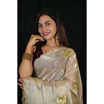 Isadora Life Womens Sequined Ivory Pre-Draped Saree with Unstitched Blouse