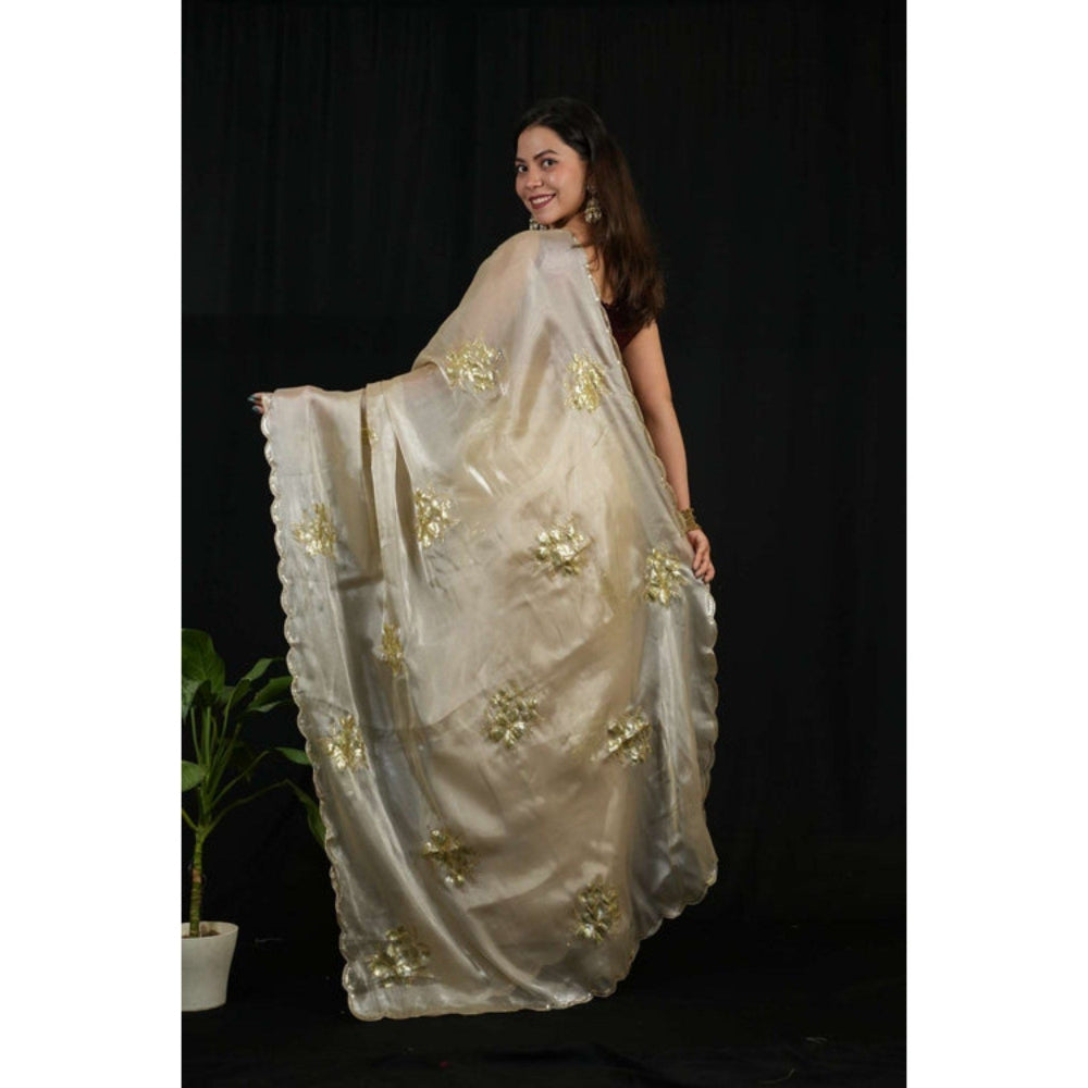 Isadora Life Womens Sequined Ivory Pre-Draped Saree with Unstitched Blouse