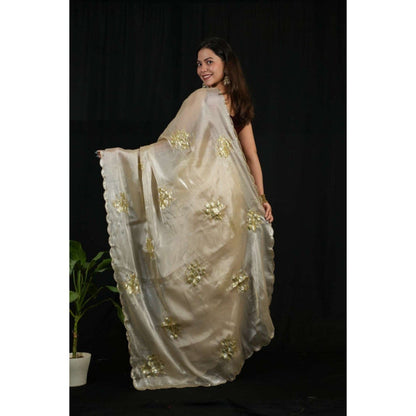 Isadora Life Womens Sequined Ivory Pre-Draped Saree with Unstitched Blouse