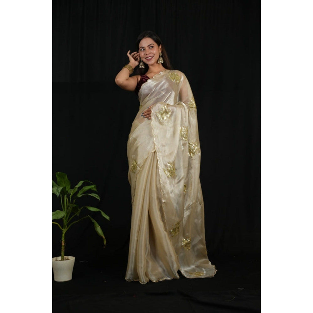 Isadora Life Womens Sequined Ivory Pre-Draped Saree with Unstitched Blouse