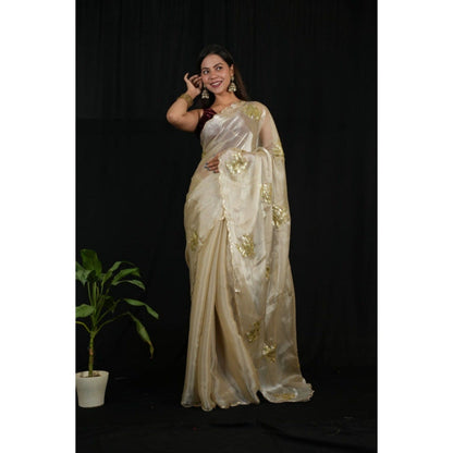 Isadora Life Womens Sequined Ivory Pre-Draped Saree with Unstitched Blouse