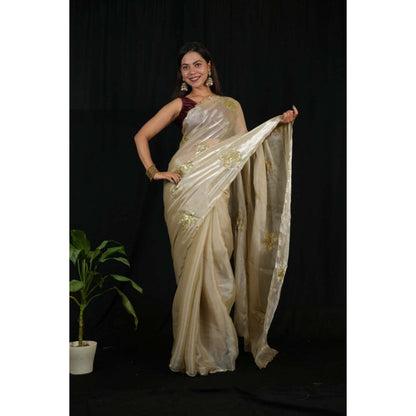 Isadora Life Womens Sequined Ivory Pre-Draped Saree with Unstitched Blouse