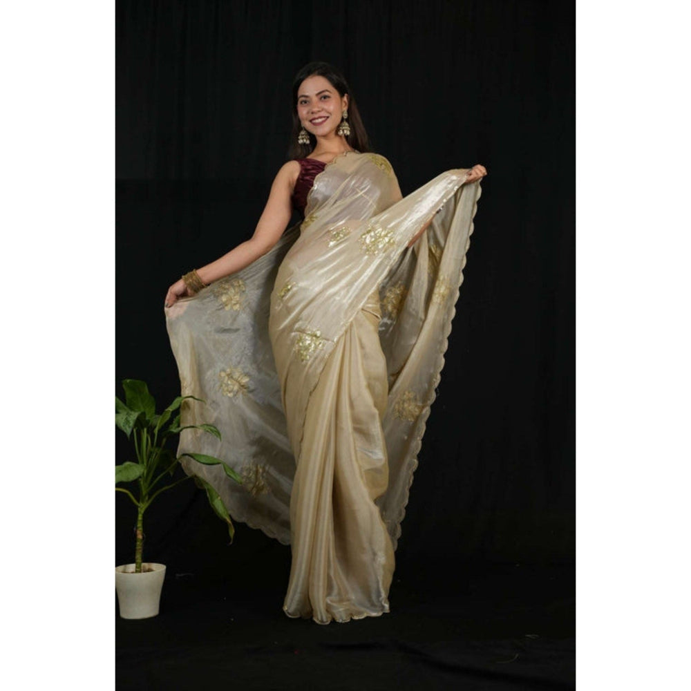 Isadora Life Womens Sequined Ivory Pre-Draped Saree with Unstitched Blouse