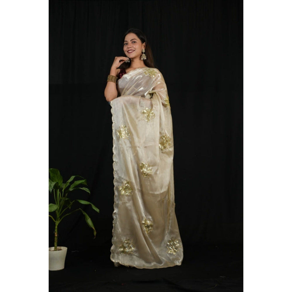Isadora Life Womens Sequined Ivory Pre-Draped Saree with Unstitched Blouse