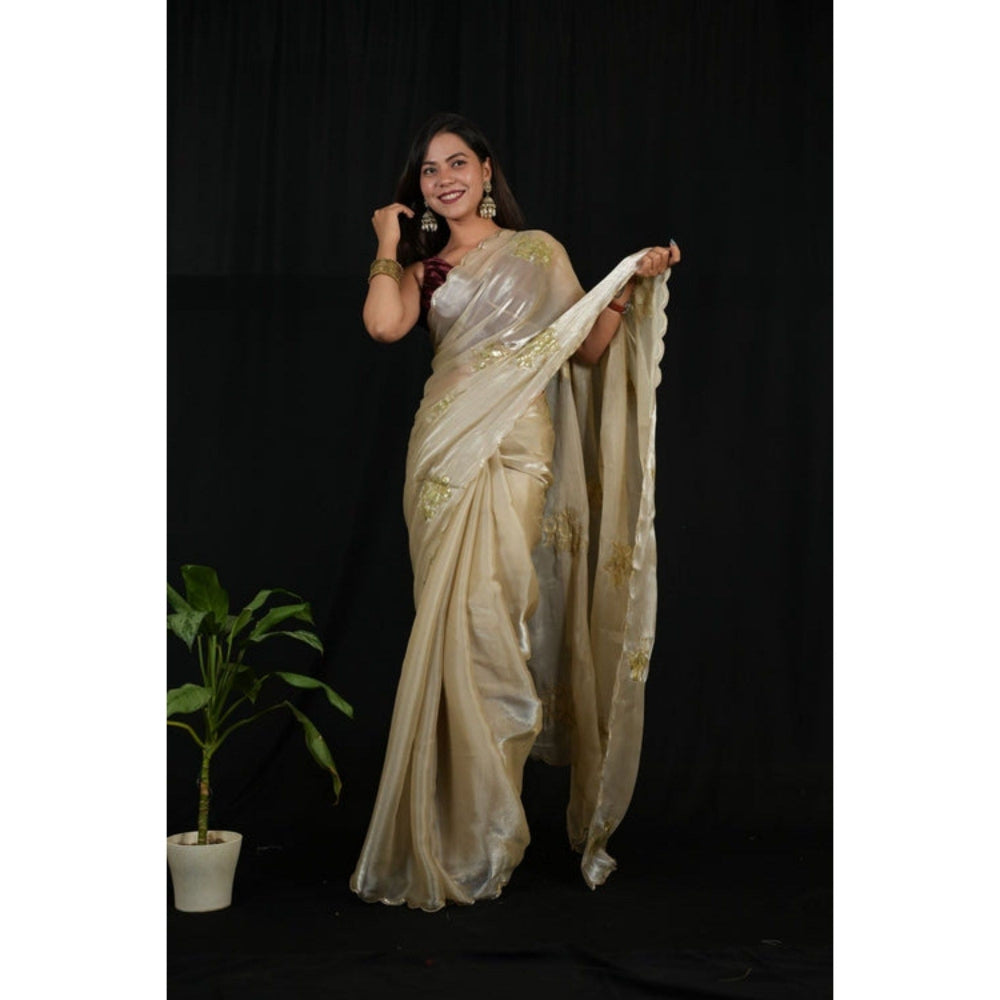 Isadora Life Womens Sequined Ivory Pre-Draped Saree with Unstitched Blouse