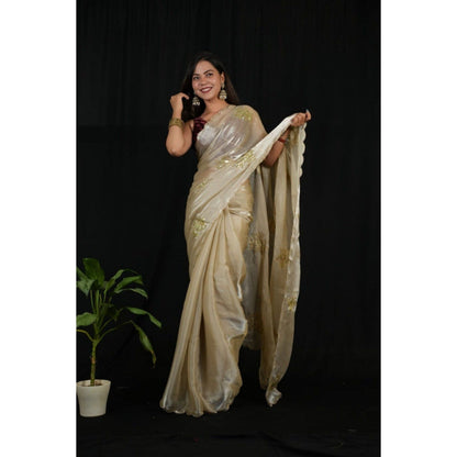Isadora Life Womens Sequined Ivory Pre-Draped Saree with Unstitched Blouse