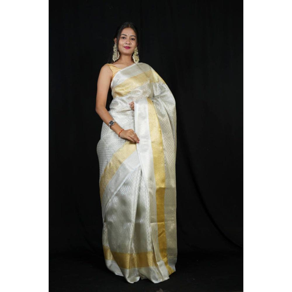 Isadora Life Womens Woven Zari Off White Pre-Draped Saree with Unstitched Blouse