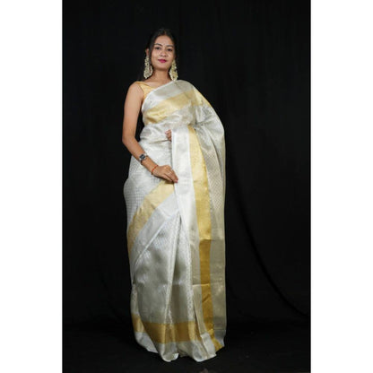 Isadora Life Womens Woven Zari Off White Pre-Draped Saree with Unstitched Blouse