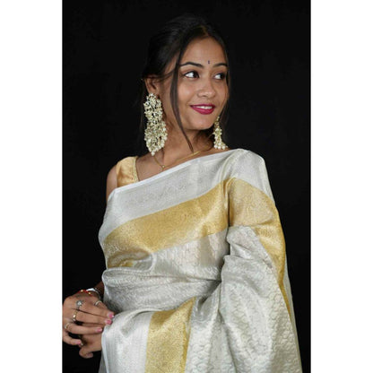 Isadora Life Womens Woven Zari Off White Pre-Draped Saree with Unstitched Blouse