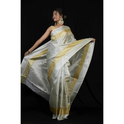 Isadora Life Womens Woven Zari Off White Pre-Draped Saree with Unstitched Blouse