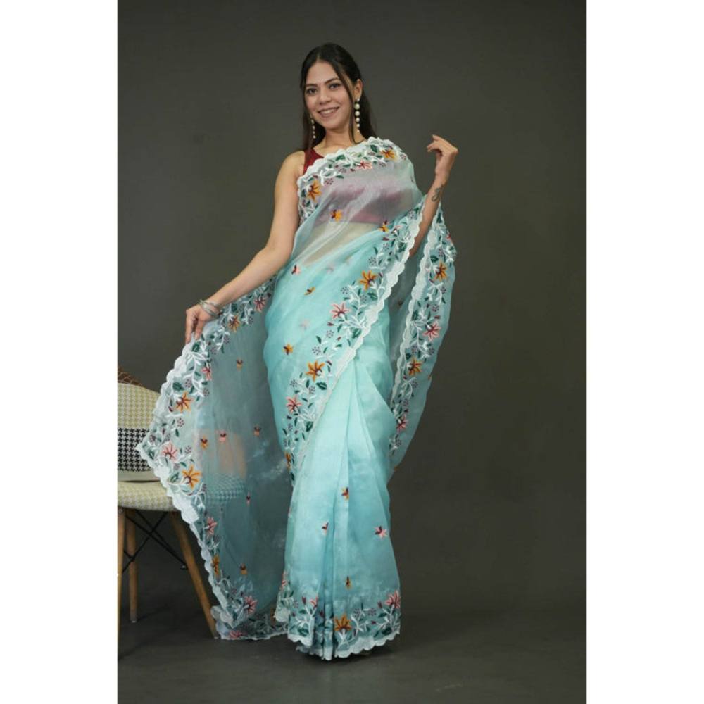 Isadora Life Womens Floral Embroidered Blue Pre-Draped Saree with Unstitched Blouse