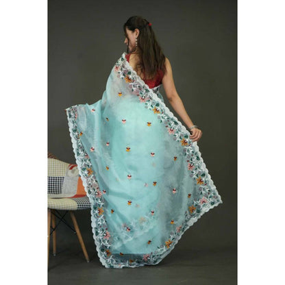 Isadora Life Womens Floral Embroidered Blue Pre-Draped Saree with Unstitched Blouse