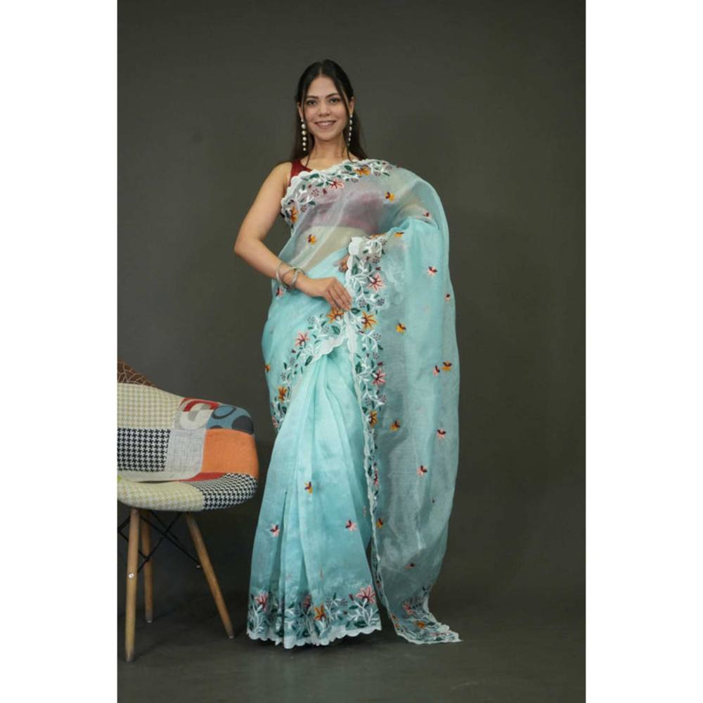 Isadora Life Womens Floral Embroidered Blue Pre-Draped Saree with Unstitched Blouse