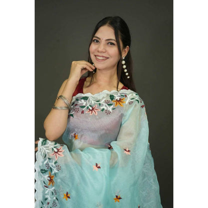 Isadora Life Womens Floral Embroidered Blue Pre-Draped Saree with Unstitched Blouse