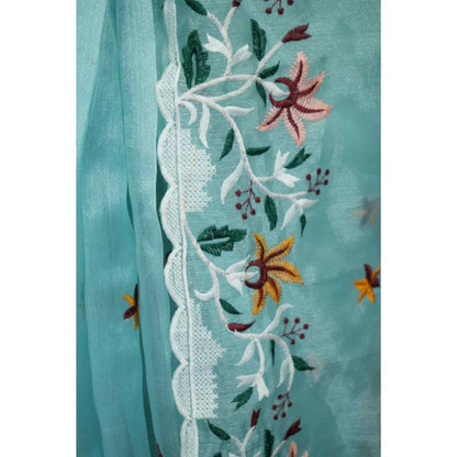 Isadora Life Womens Floral Embroidered Blue Pre-Draped Saree with Unstitched Blouse