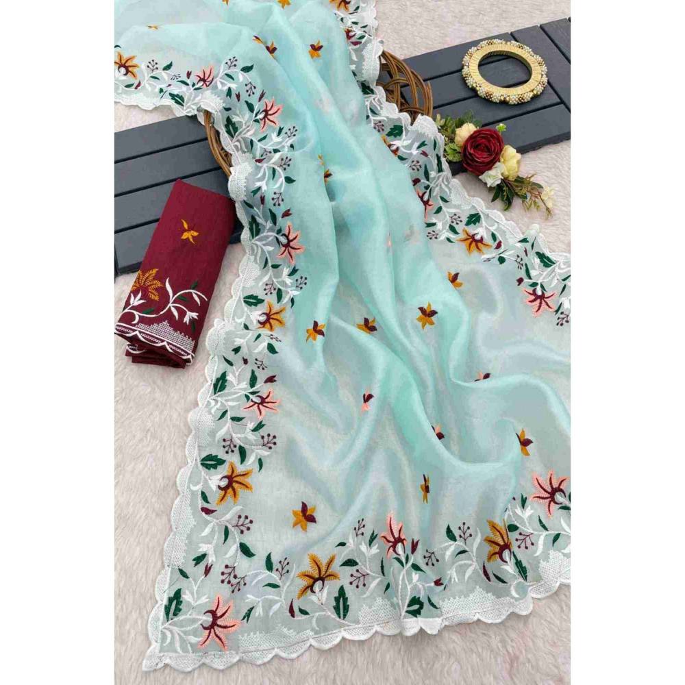 Isadora Life Womens Floral Embroidered Blue Pre-Draped Saree with Unstitched Blouse