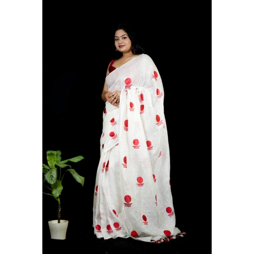 Isadora Life Womens Printed Tassels White Pre-Draped Saree with Unstitched Blouse