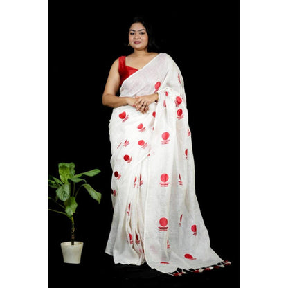 Isadora Life Womens Printed Tassels White Pre-Draped Saree with Unstitched Blouse