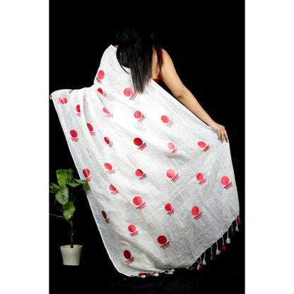 Isadora Life Womens Printed Tassels White Pre-Draped Saree with Unstitched Blouse