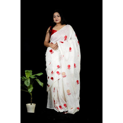 Isadora Life Womens Printed Tassels White Pre-Draped Saree with Unstitched Blouse
