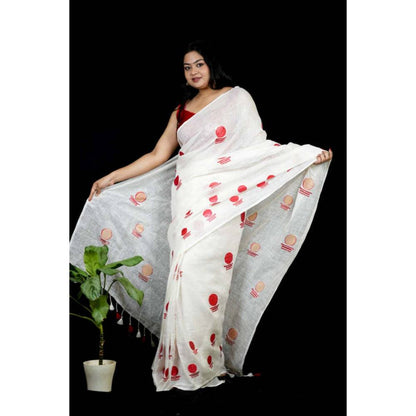 Isadora Life Womens Printed Tassels White Pre-Draped Saree with Unstitched Blouse