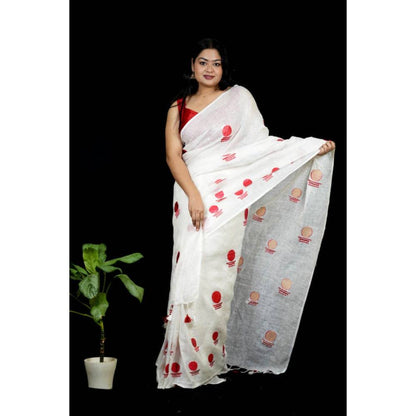 Isadora Life Womens Printed Tassels White Pre-Draped Saree with Unstitched Blouse