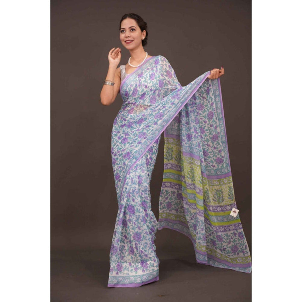 Isadora Life Womens Floral Printed Lavender Pre-Draped Saree with Unstitched Blouse