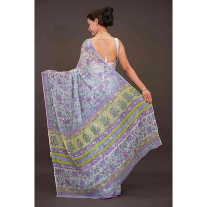 Isadora Life Womens Floral Printed Lavender Pre-Draped Saree with Unstitched Blouse