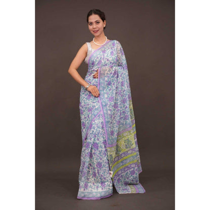 Isadora Life Womens Floral Printed Lavender Pre-Draped Saree with Unstitched Blouse