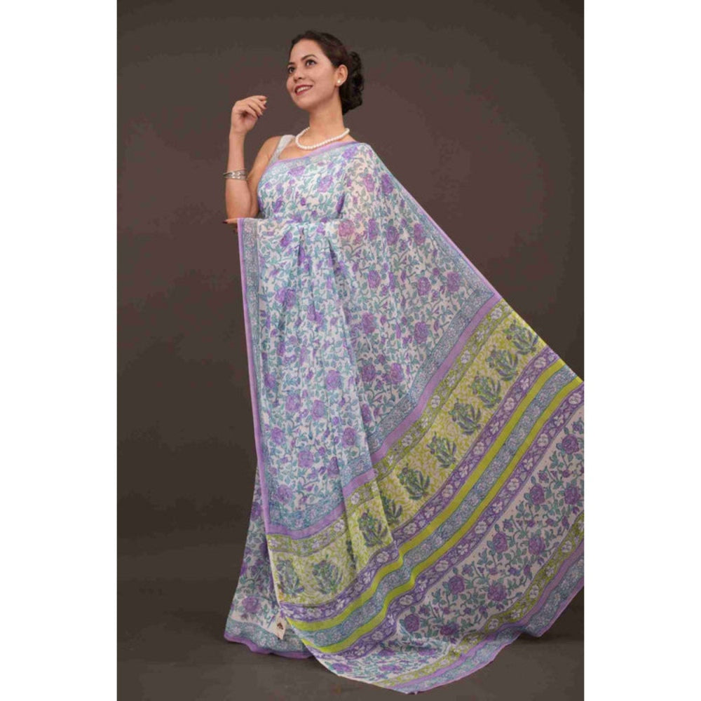Isadora Life Womens Floral Printed Lavender Pre-Draped Saree with Unstitched Blouse