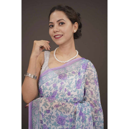 Isadora Life Womens Floral Printed Lavender Pre-Draped Saree with Unstitched Blouse