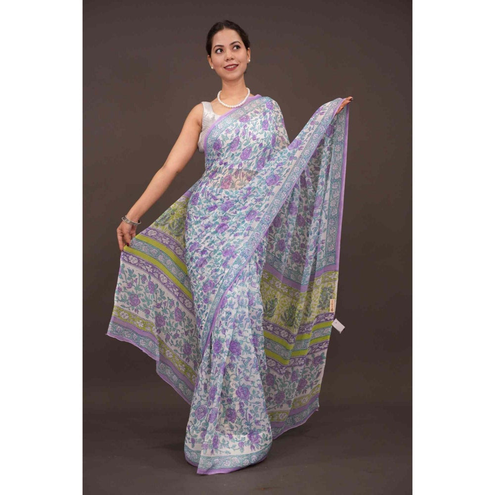 Isadora Life Womens Floral Printed Lavender Pre-Draped Saree with Unstitched Blouse