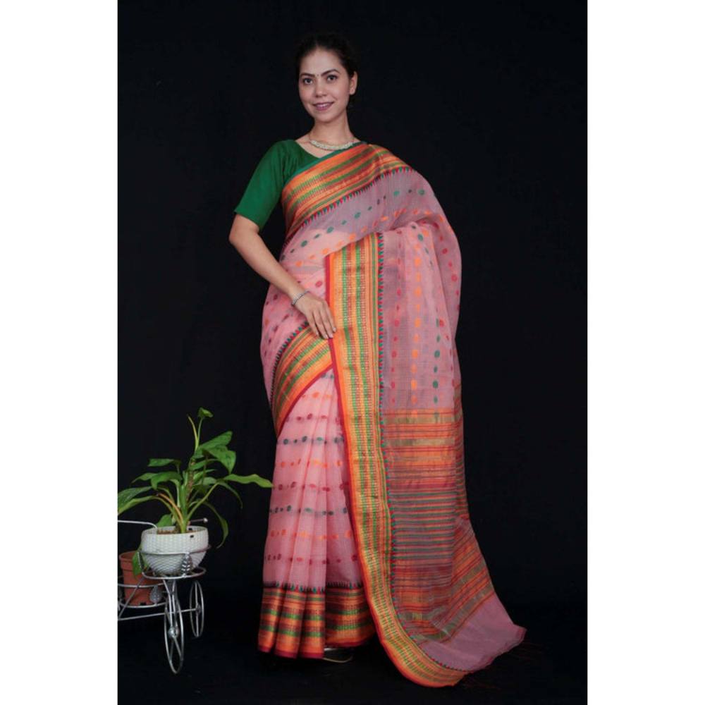 Isadora Life Womens Woven Zari Pink Pre-Draped Saree with Unstitched Blouse