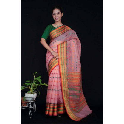 Isadora Life Womens Woven Zari Pink Pre-Draped Saree with Unstitched Blouse