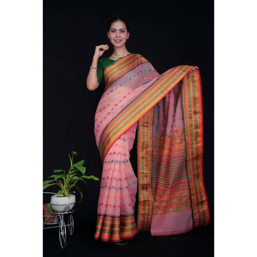 Isadora Life Womens Woven Zari Pink Pre-Draped Saree with Unstitched Blouse