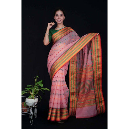 Isadora Life Womens Woven Zari Pink Pre-Draped Saree with Unstitched Blouse