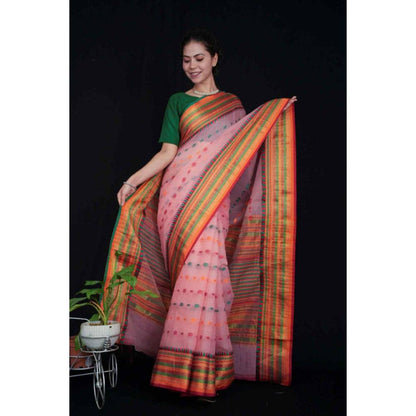 Isadora Life Womens Woven Zari Pink Pre-Draped Saree with Unstitched Blouse