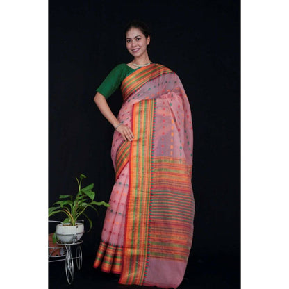 Isadora Life Womens Woven Zari Pink Pre-Draped Saree with Unstitched Blouse