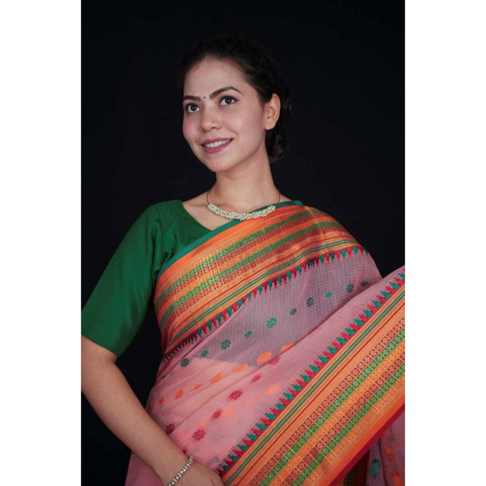 Isadora Life Womens Woven Zari Pink Pre-Draped Saree with Unstitched Blouse